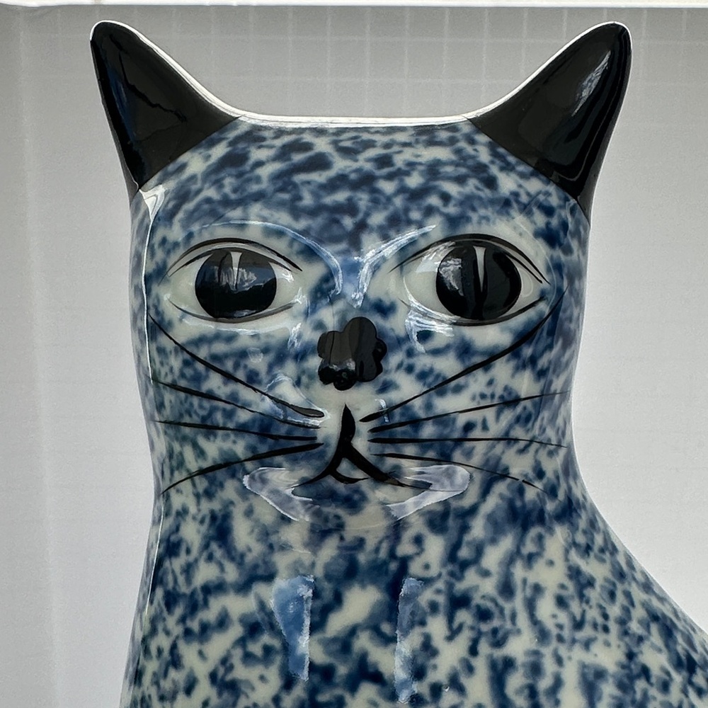 Sponge Ware  Blue and White Porcelain Vintage Speckled Cat Tall Figurine Decor